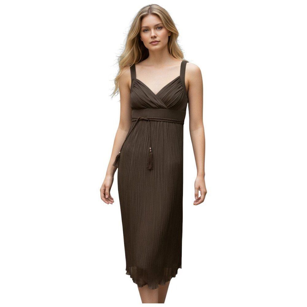 White House Black Market Womens Dress Brown Midi Sleeveless Tassel Party 0